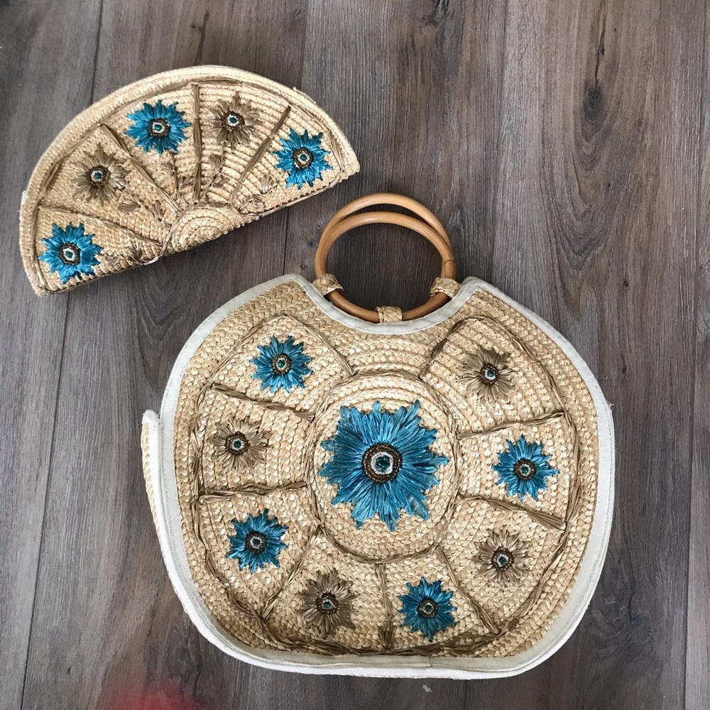 Marciano straw tote bag with matching clutch